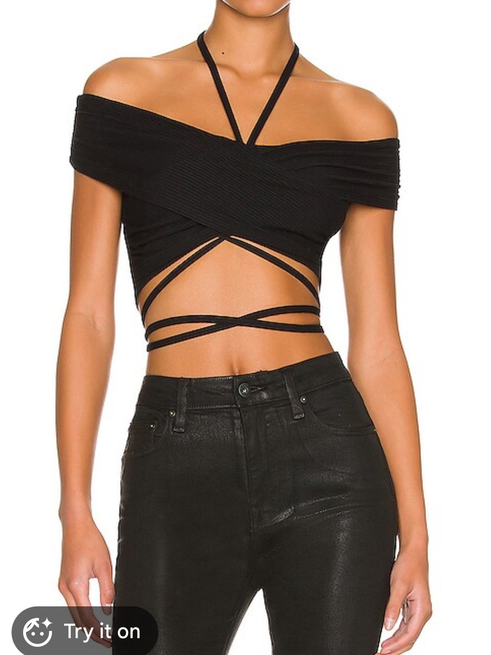 Jonathan Simkhai Black Off-Shoulder Wrap Halter Crop Top